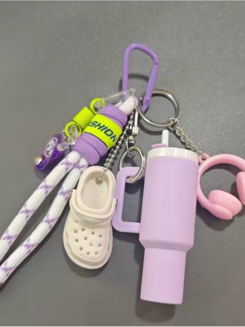 Purple Drink Tumbler & Charm Keychain with Mini Shoe and Headphones